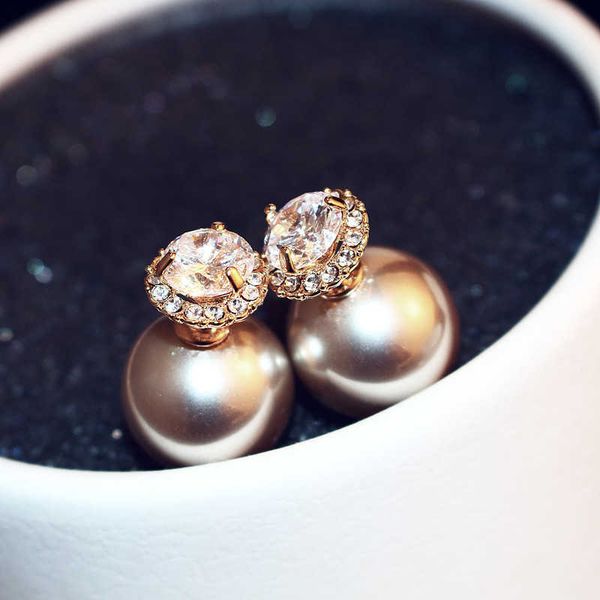 

fashion two-color korean version popular sun zirconium pearl double-sided wear dual-purpose earrings female er00532, Golden