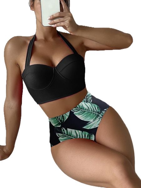 

tropical print push up high waisted bikini swimsuit d78j#, White;black