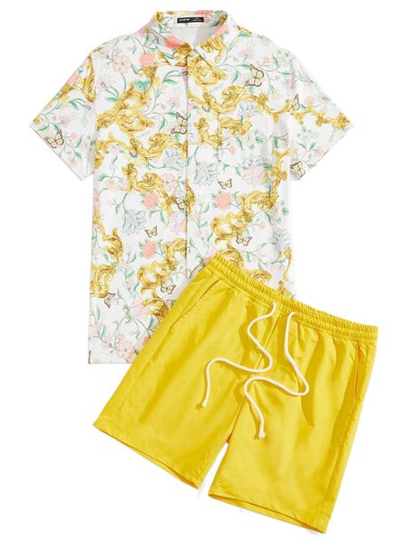 

men floral & baroque print shirt and drawstring waist shorts k95k#, Gray