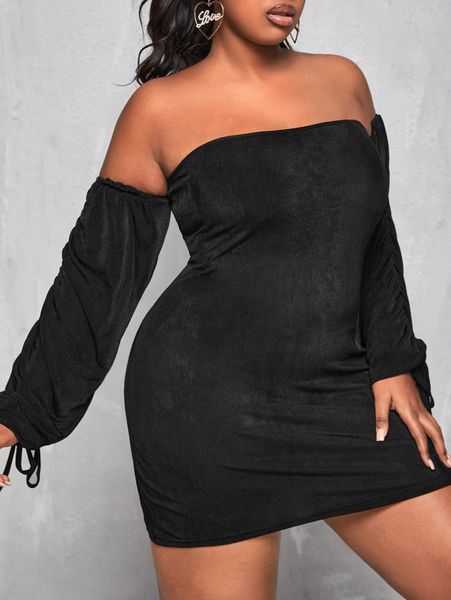 

plus off shoulder knot cuff dress t4k9#, Black