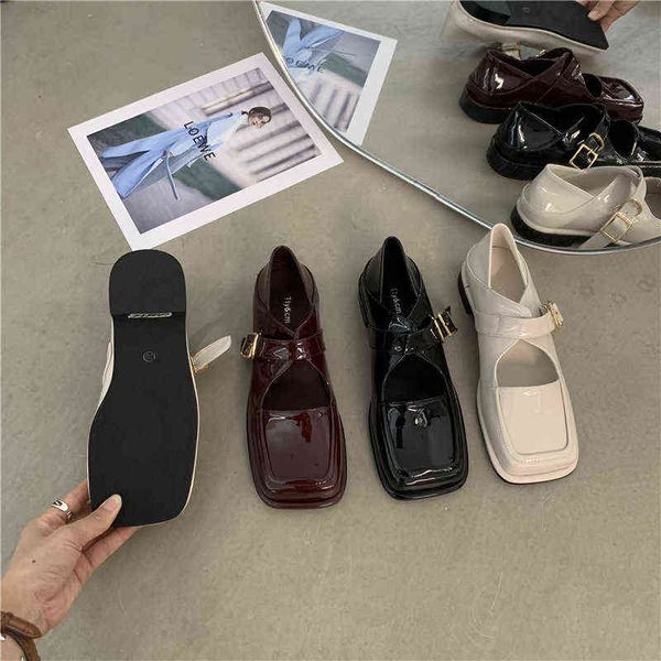 

dress shoes minority mary jane small leather shoes square toe one line belt flat loafers women sandals summer 220322, Black