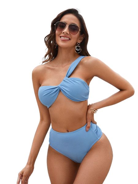 

ruched one shoulder high waisted bikini swimsuit e0b5#, White;black