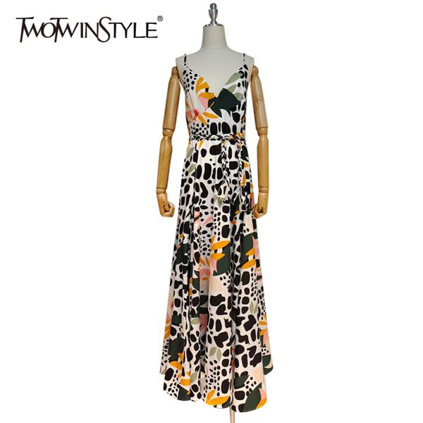 

summer print hit color female dress v neck sleeveless high waist sling dresses fashion clothing 210423, Black;gray