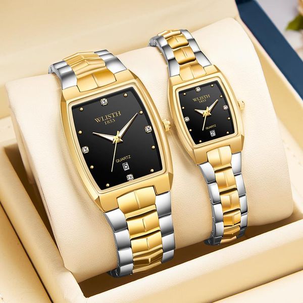 Armbanduhren Rechteckige Luxus-Paaruhr Gold Mode Edelstahl Liebhaber Quarz-Armbanduhren für Damen Herren Analoge Datumsarmbanduhren