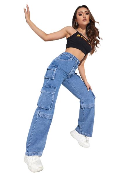 

high waist flap pocket wide leg jeans f54o#, Blue