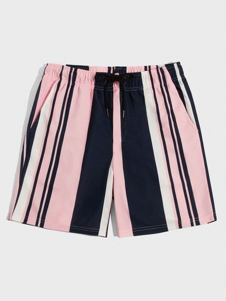 

men striped print drawstring waist shorts f0p3#, White;black