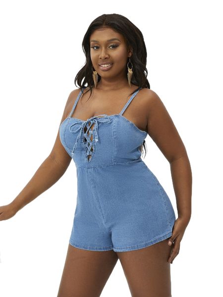 

plus lace up tie back denim romper w51s#, Black;white