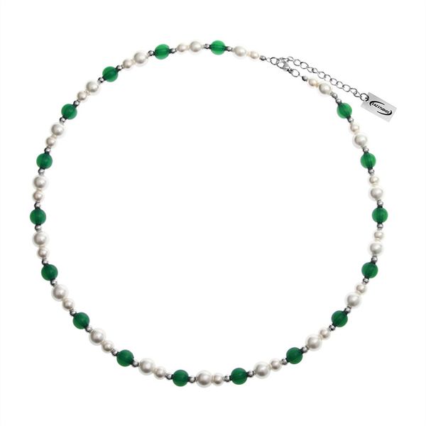 

2022ss original hip-hop necklace stitching contrast color green beaded pearl necklace men's light luxury niche fashion all-match jewelr, Silver