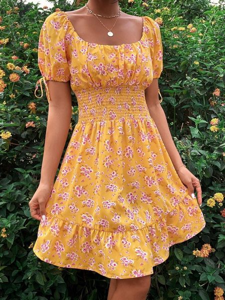 

floral shirred waist ruffle hem dress x2op#, Black;gray