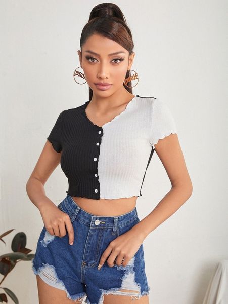 

petite lettuce trim button front t-shirt e2fn#, White