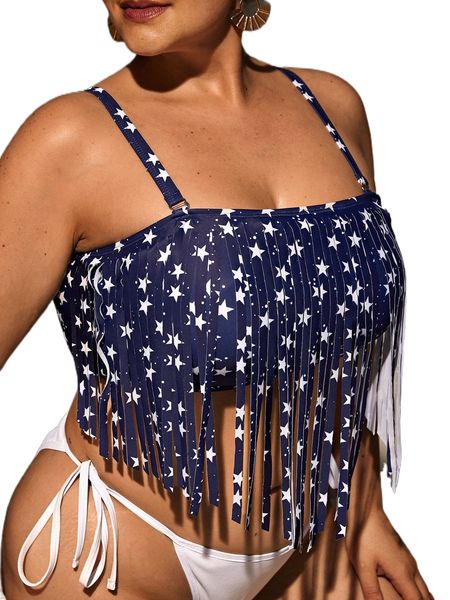 

plus star print fringe hem bikini e39k#, Black