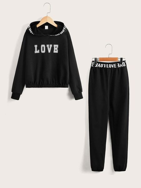 

girls letter graphic drop shoulder hoodie & sweatpants she, White