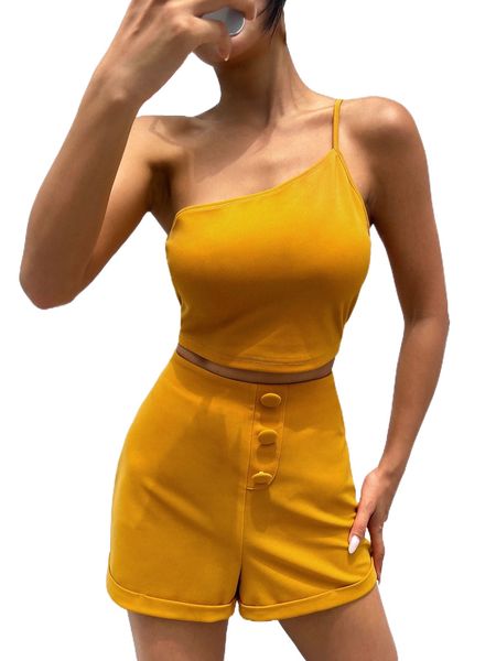

one shoulder crop & button front roll up hem shorts r4d4#, White