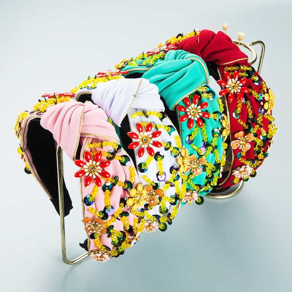 

heming hair hoop national style personalized manual sewing color flower knot headband wide edge cloth hair band female, Silver