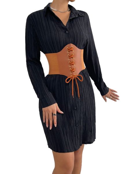 

button up shirt dress with lace up corset belt w5vm#, Black;gray