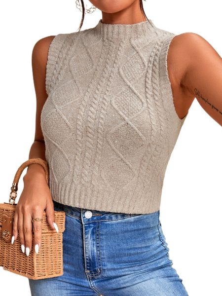 

cable knit mock neck sweater vest 08m6#, White;black