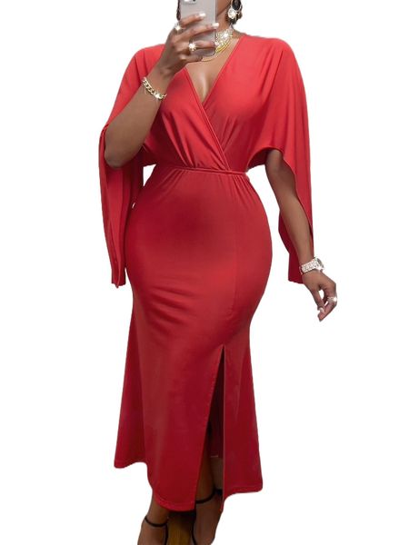 

sxy cloak sleeve surplice neck split thigh dress j2o5#, Black;gray