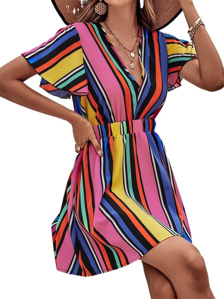

striped print butterfly sleeve dress l7ci#, Black;gray