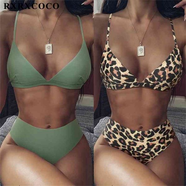 RXRXCOCO Hohe Taille Bademode Frauen 2021 Push Up Beachwear Solide Badeanzug Sexy Tier Leopard Weibliche Badeanzug Frauen Bikini 210319