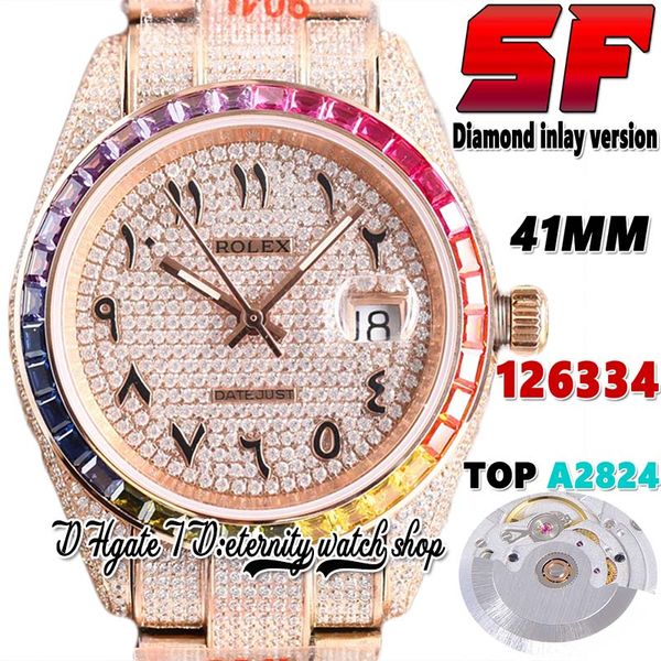 SF Neueste tw126333 A2824 Automatik Herrenuhr jh126334 ew126333 Quadratische Diamantlünette Arabisches Zifferblatt 904L Stahl Iced Out Diamanten Roségold Armband Ewigkeitsuhren