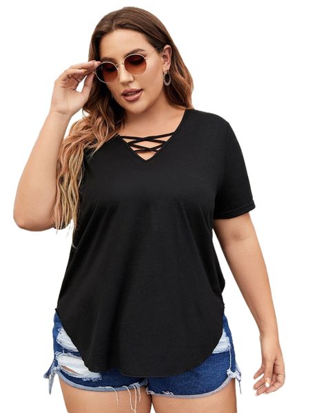 

plus crisscross batwing sleeve curved hem tee 54sc#, Black