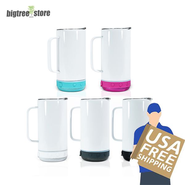 

us warehouse sublimation coffee mugs with bluetooth speaker 14oz stainless steel handle tumbler usb charger double wall music tumblers blank