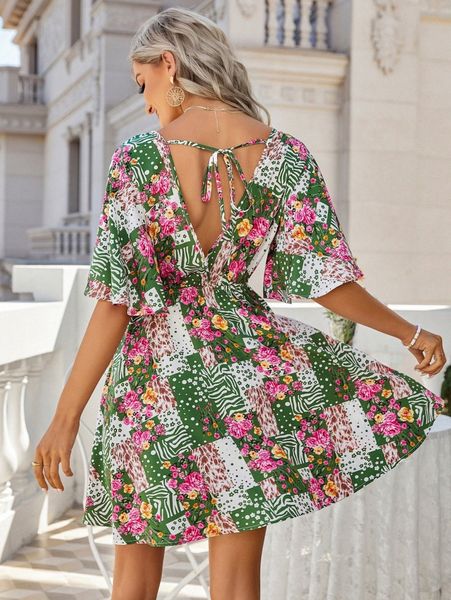 

patchwork print tie back butterfly sleeve dress r6gl#, Black;gray