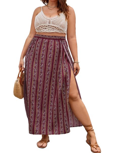 

plus allover print split thigh skirt s1f2#, Black