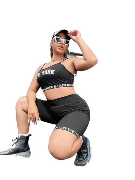 

plus letter graphic crop cami & biker shorts i6j9#, Black