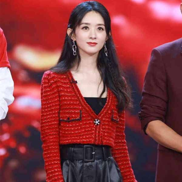 

women's wool & blends zhao liying's same style of small fragrance temperament red v-neck single breasted flower button knitted sho, Black