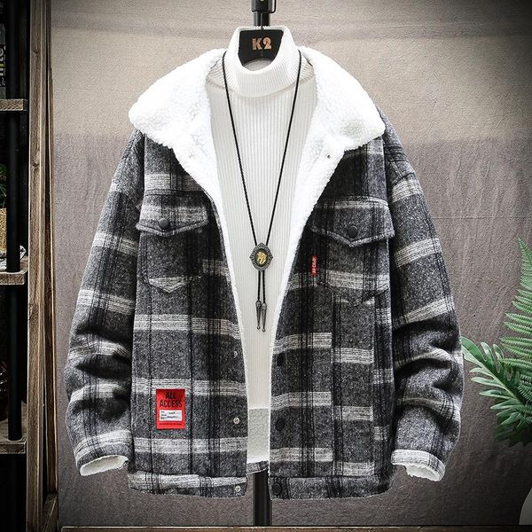 

winter fleece jacket men loose men thick warm plaid mens jackets and coats, Black;brown