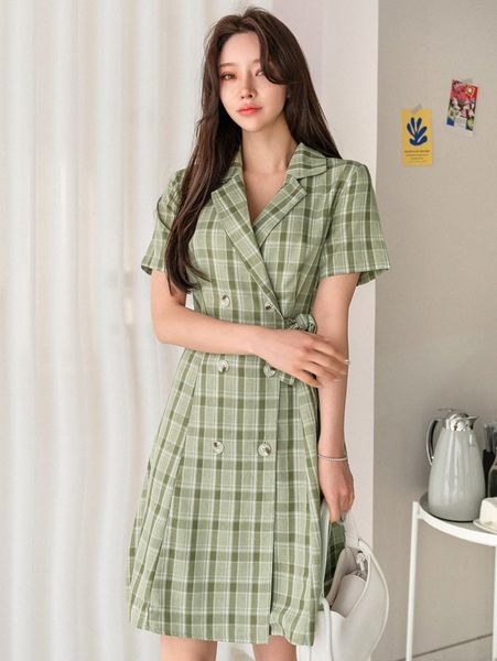 

dazy plaid lapel collar double breasted knot side dress r09g#, Black;gray