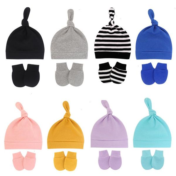 

baby knotted caps gloves set spring thin infant solid soft newborn beanie clothes accessories warm hats autumn, Yellow