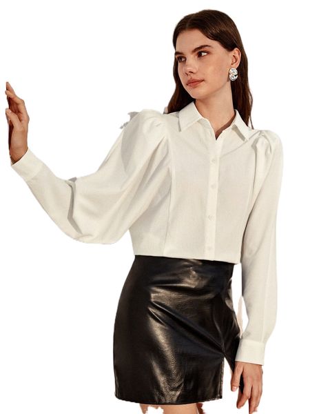 

lantern sleeve solid shirt v758#, White