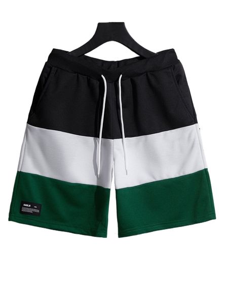 

men colorblock letter patched detail drawstring waist shorts s4ht#, White;black