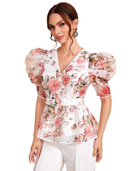 

floral print puff sleeve peplum organza x5ym#, White