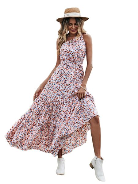 

allover floral one shoulder a-line dress r6z1#, Black;gray