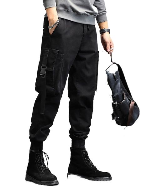 

men buckled flap pocket side drawstring waist cargo pants e0kt#, Black