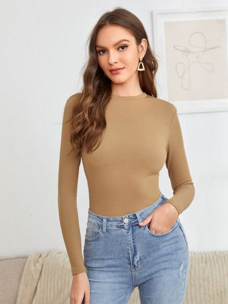 

petite round neck rib-knit slim tee o9pm#, White