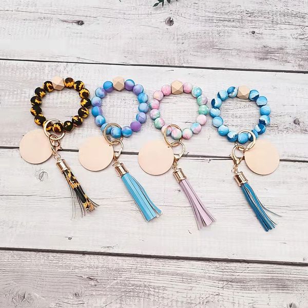 

foreign trade food grade silicone flower color beads wrist keychain wholesale alloy cap pu leather tassel blank disc key ring female multi-c, Silver