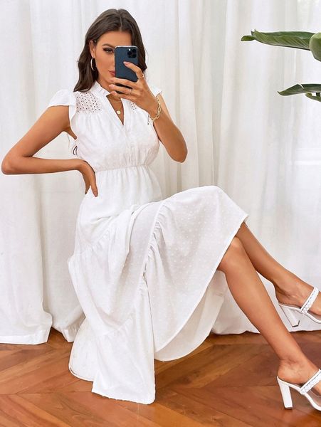 

swiss dot flutter sleeve ruffle hem dress n6me#, Black;gray