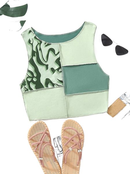 

graphic print color block stitching tank x9ga#, White
