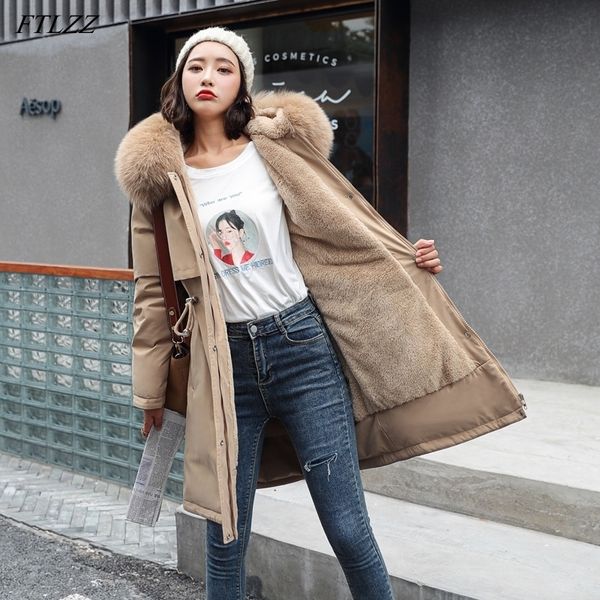

ftlzz winter women adjustable waist cotton jacket casual loose fur collar hooded long parka coat 201201, Black