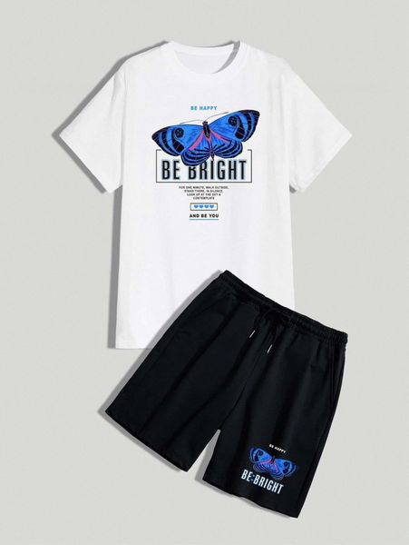 

romwe guys butterfly letter graphic tee & drawstring shorts u742#, Gray