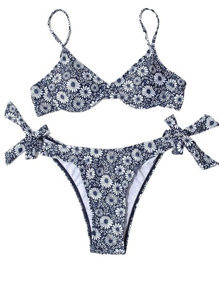 

floral print knot side underwire bikini swimsuit y0gq#, White;black