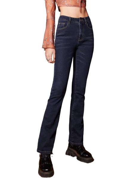 

romwe solid straight leg jeans r9hs#, Blue