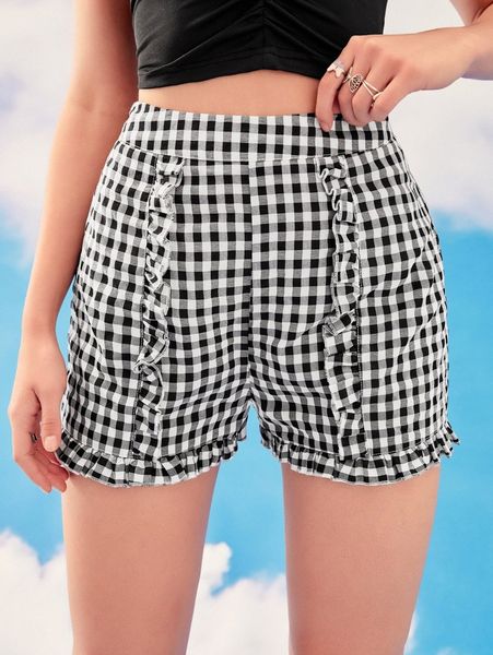 

gingham ruffle trim shorts x9ak#, White;black