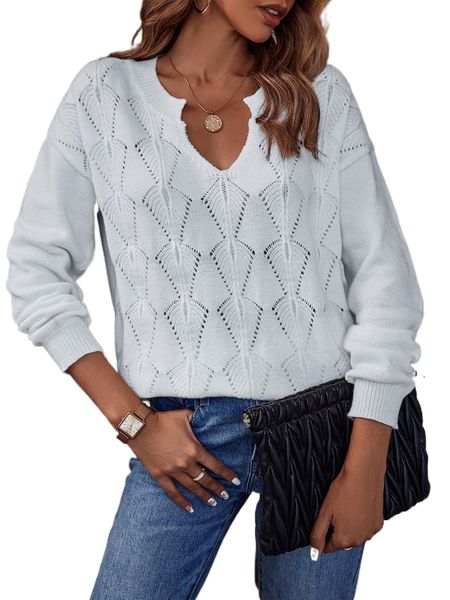 

pointelle knit notched neckline drop shoulder sweater o7yd#, White;black