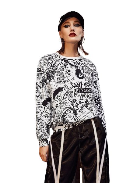

x esther zhang figure graphic drop shoulder sweatshirt j2de#, Black