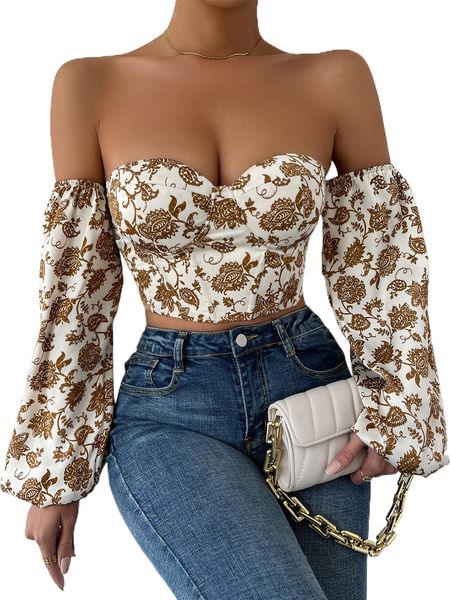 

paisley print off shoulder tie backless lantern sleeve crop k6sw#, White